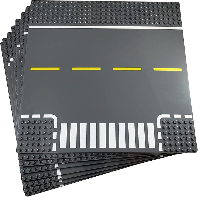 Apostrophe Games Road Baseplate – Premium Building Blocks Base Plates Compatible with All Major Brands – 8pcs Baseplate Gray with Road Design – Straight, Curve, Crossroad, T-Junction Gray Base Plates