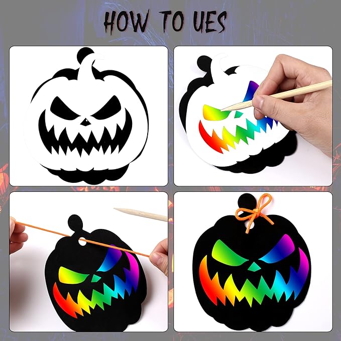 JULMELON 48 Pieces Halloween Scratch Paper Crafts Kit Bulk of Halloween Pumpkins Magic Rainbow Scratch Art for Kids DIY Party Ornaments Halloween Decor with 6 Pcs Halloween Pumpkins Stencils