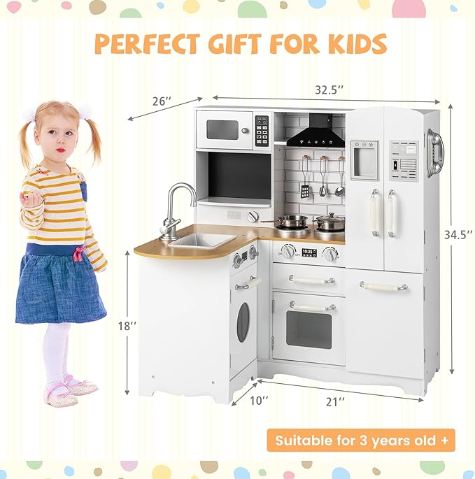 Kids Corner Play Kitchen, Wooden Toy Kitchen Set with Lights & Sounds, Pretend Play Kitchen for Kids with Kitchen Accessories,11-in-1 Toddler Kitchen Gifts for Ages 3+