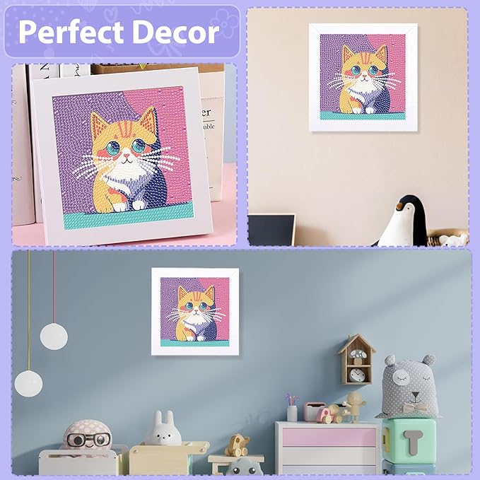 hkejoi Cat Diamond Painting Kits with Frame, Cat Diamond Art Kits, Cat Gem Art Kit, Crystal Art for Gift Home Wall Decor 7x7 Inch