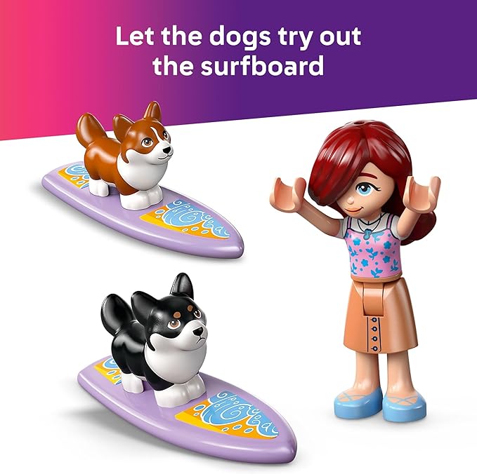 LEGO Friends Surfing Dogs and Scooter Adventure - Building Toy Pretend Play Set for Kids, Girls and Boys, Ages 6+ - with 2 Minidolls and 2 Corgi Toy Dogs - Gift Idea for Birthdays - 42641