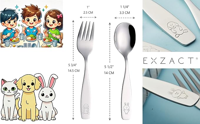 Exzact Children Flatware 6pcs - 3 x Forks, 3 x Spoons - Toddler Utensil Kids Silverware Cutlery Stainless Steel - Dishwasher Safe