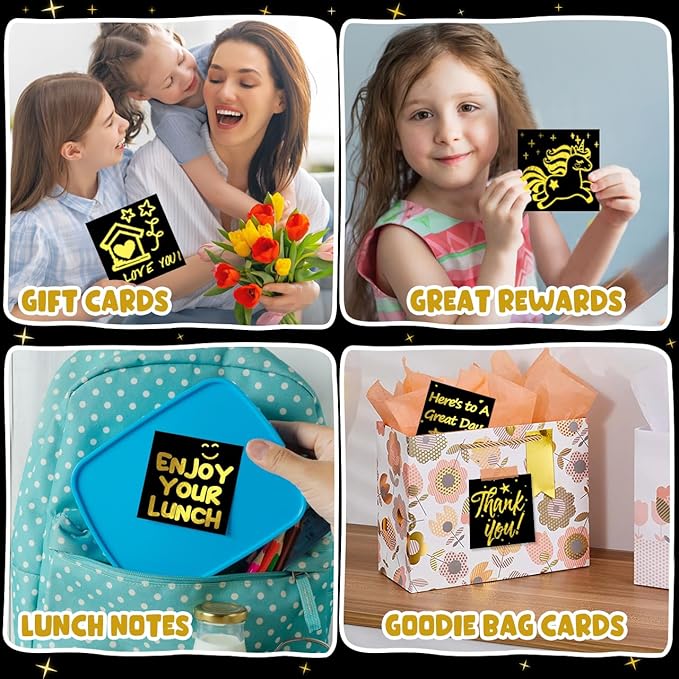 ZMLM Rainbow Scratch Art Paper Mini Note for Kids Gifts Ages 4-8 Bulk Craft Supplies for Teen Girls Boys Easter Basket Stuffers Birthday Classroom Party Games Toy Valentines Day Gift(Gold)