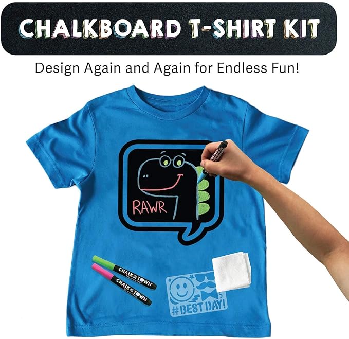 Blue Speech Bubble Chalkboard Short Sleeve T-Shirt Kit for Kids with 3 Markers and 1 Stencil, (Youth Large)