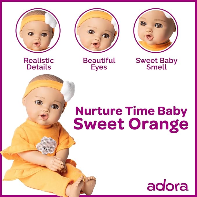 Adora Nurture Time Babies Collection, 13" Baby Doll and Clothes Set with 3 Touch Activated Features Includes Removable Cloud Patterned Outfit, Doll Bottle, Birthday Gift For Ages 1+ - Sweet Orange