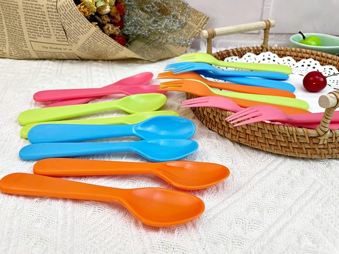 Jawbush 16 Pcs Kids Utensils Set, Plastic Kids Forks and Spoons Set, Reusable Toddler Utensils Kids Silverware Cutlery Set, Durable Flatware Set for Lunch Box, Easy to Use for Kids and Adults,BPA Free