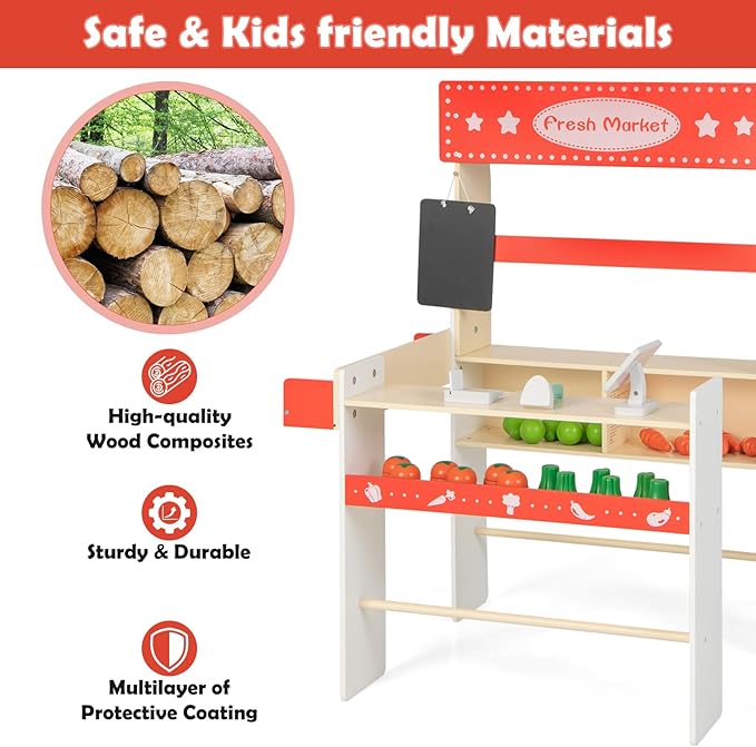 INFANS Grocery Store Marketplace Toy, Wooden Market Stand Pretend Play Set with Chalkboard Cash Register 36 Fruit Veggies Pieces POS Machine Shop Playset Gift for Boys Girls Ages 3+