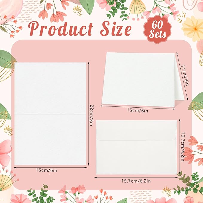 60 Sets Watercolor Cards with Envelopes, 140 lb/300 GSM Watercolor Paper Cards, 4x6 Inch Foldable Blank Watercolor Postcards and Envelopes for Greeting Cards, Wedding Invitations, Thank You Cards