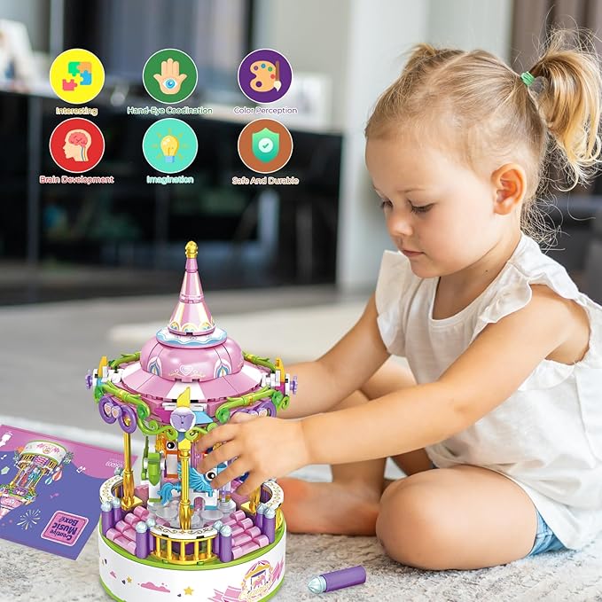Contixo Building STEM Toys - BK02 488 PCS Carousel Music Boxes, Horse Rotating Building Blocks, Kids Building Toys for Girls Boys, Birthday Gifts for Adults, Daughter Christmas Festival Music Box