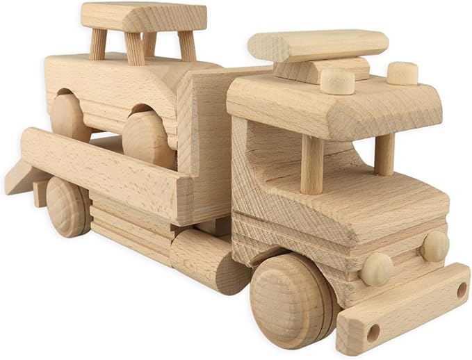 Wooden Towing Truck Toy with Wooden Car - Tow Truck - Sturdy Toy Vehicle for Toddlers - DIY Toys - Semi Trailer Truck Prepared for Paint - Wooden Trucks