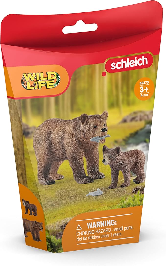 Schleich Wild Life Realistic Grizzly Bear Mother, Cub, and Fish - 4-Piece Animal Toy Playset, Durable and Educational Figurines for Fun Adventures for Boys and Girls, Gift for Kids Ages 3-8