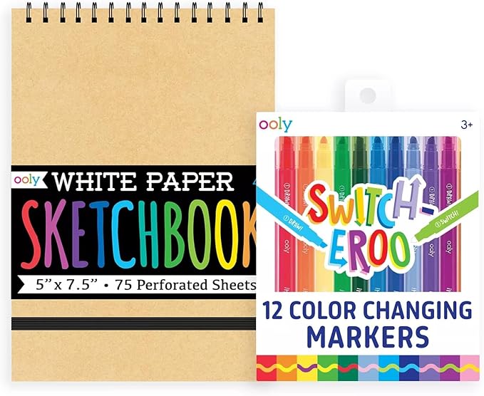 Ooly 12 Pack Switch-eroo Double Sided Color Changing Markers with Sketchbook, Color Changeable Chisel Tip Markers for Kids Art Supplies - 12 Pack & Sketchbook Bundle
