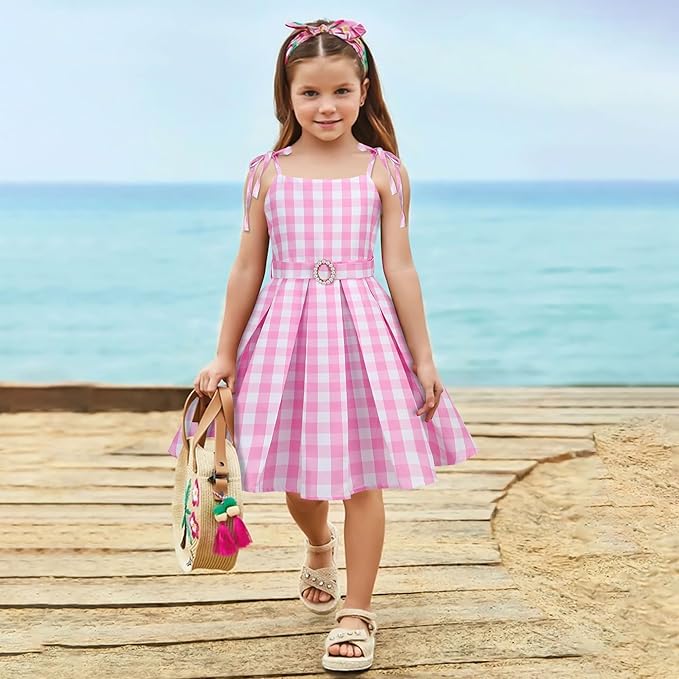 Girls Pink Costume Dress Movie Heroine Cosplay Outfit Gingham Dress for Kids Party Birthday Dress Up