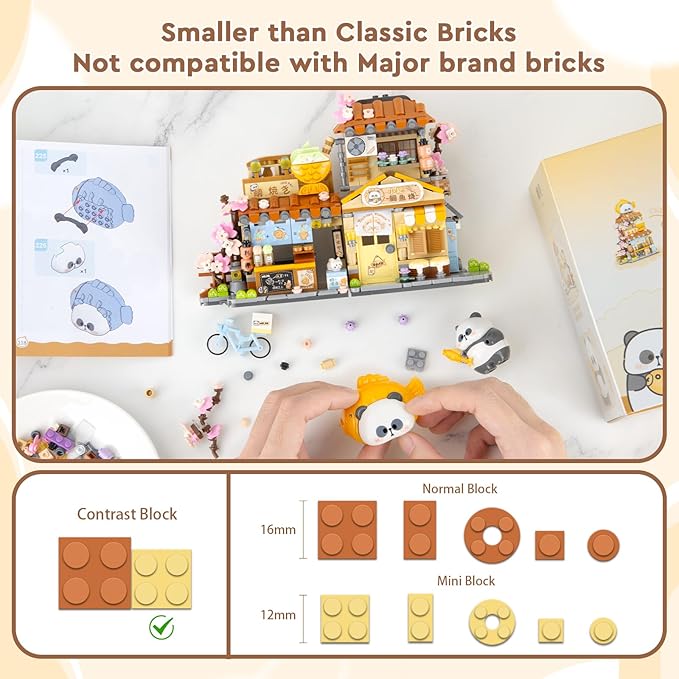 Finger Rock Street View Mini City Taiyaki Shop Building Set, Cute Panda Animals Building Toys Creative Architecture Set, Ideas Gifts for Adults Kids 8+ (858PCS)