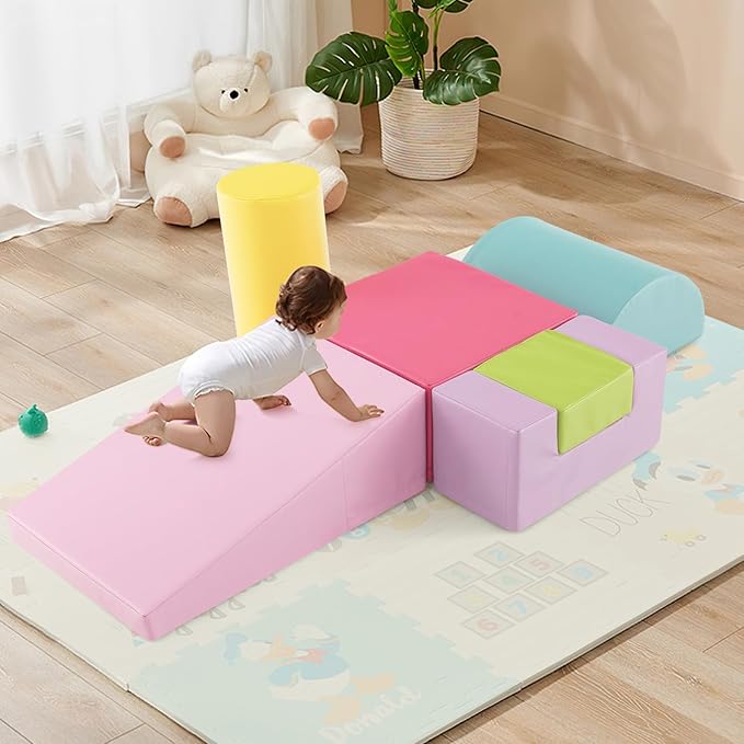 HONEY JOY 6-Piece Climb and Crawl Playset, Soft Climbing Foam Block Activity Play Structure Gym Equipment for Infant Baby, Color Coordination, Waterproof Indoor Climbing Toys for Toddlers (Red)