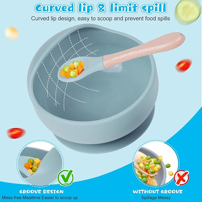 Silicone Baby Feeding Set|6 pcs Premium BPA-Free Baby Led Weaning Supplies with large Suction Baby Plates and Bowls Set,Infant Spoon,Bibs,Cup|Baby Eating Utensils for 6+ Months (Blue)