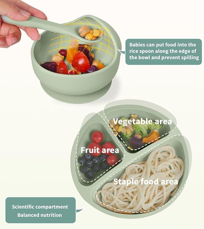 Silicone Baby Feeding Set, 10 Pcs Baby Led Weaning Supplies with Suction Bowl Divided Plate Adjustable Bib Soft Spoon Fork Snack Cup with Lid Drinking Cup, Utensil (Dark Green)