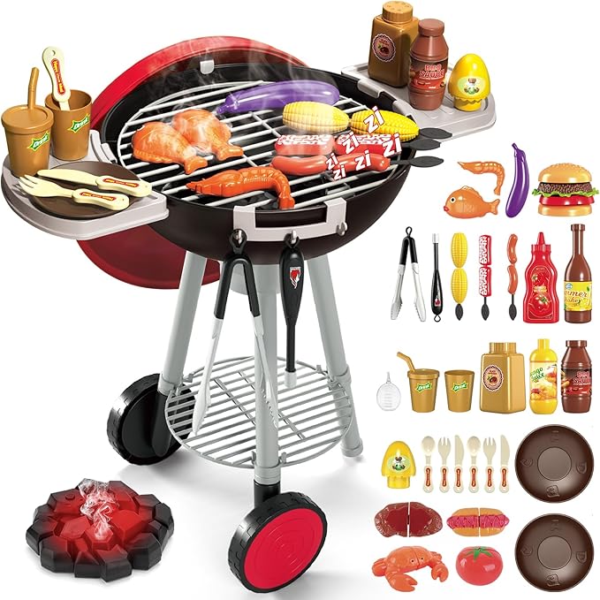 deAO Kids BBQ Grill Playset, Kitchen Toy Set with Pretend Smoke, Light, Sound Toy Kitchen Accessories,Indoor Outdoor Cooking Toy for Boys Girls Kids, for Kids