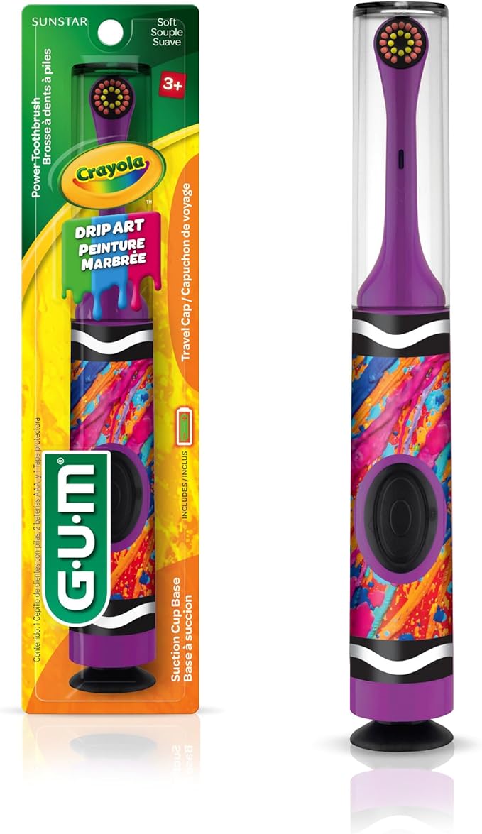 GUM Crayola Power Toothbrush for Kids, Extra Soft Bristled Toddler Toothbrushes, Travel Cap + Suction Cup Base, Batteries Included, 1ct