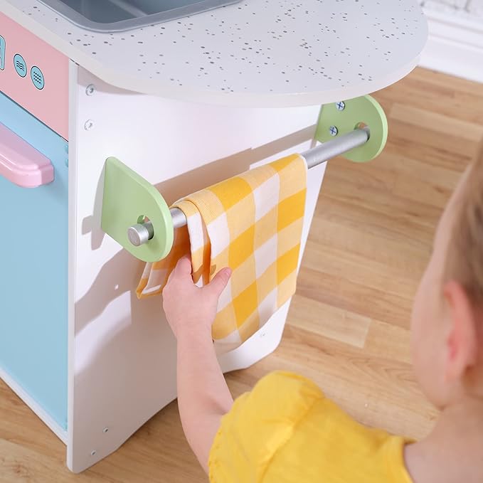 KidKraft Uptown Pastel Wooden Play Kitchen with Chalkboard, Play Phone, and See-Through Doors, Gift for Ages 3+