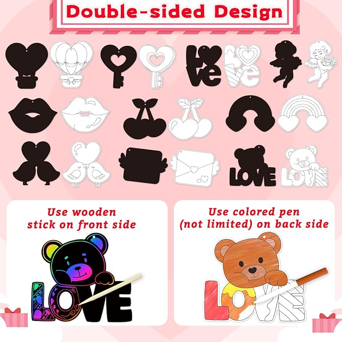 PARTYWIND 100 Pack Valentine's Day Scratch Paper Art for Kids, Magic Valentines Crafts for Classroom Exchange Games Activity, Valentines Decorations Ornaments for Party Supplies