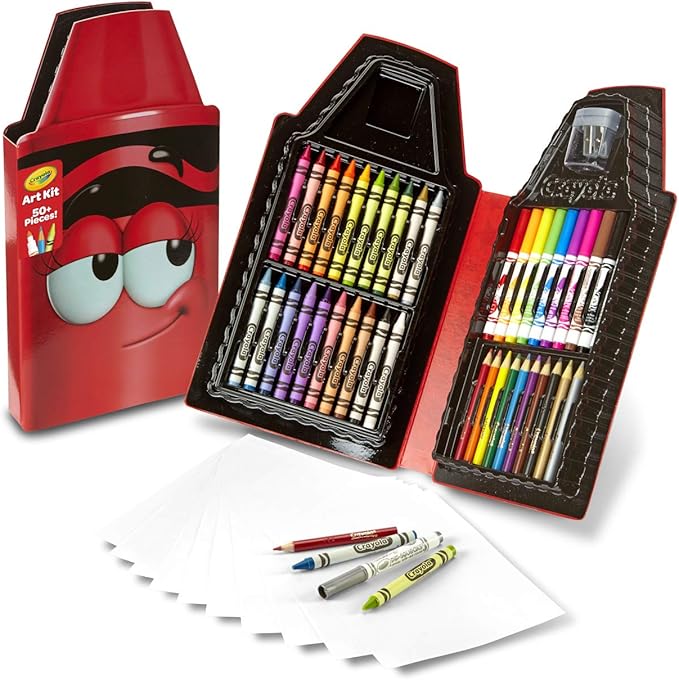 Crayola Tip 50 Piece Art Kit, Scarlet Art Gift for Kids 5 & Up, Includes Crayons, Pip-Squeaks Markers, Colored Pencils, Paper Sheets & Dual-Purpose Sharpener in Tip Character Travel Case