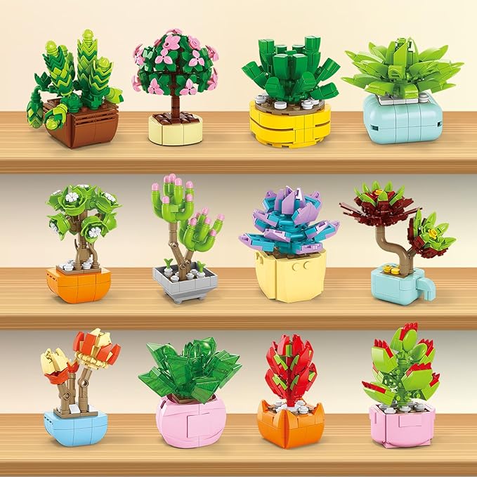 Valentines Day Gifts for Kids 6-12, 24 Pack Succulents Flower Bouquets Building Blocks with Gift Cards for School Classroom, Bulk Boy Girl Class Valentine Party Favors Exchange Gift Goodie Bag Stuffer