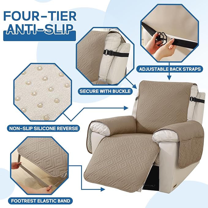 XINEAGE 100% Waterproof Recliner Cover, Non Slip Recliner Chair Cover with Elastic Band, Washable Recliner Slipcover with Storage Pockets for Kids, Pets (Khaki, 28")