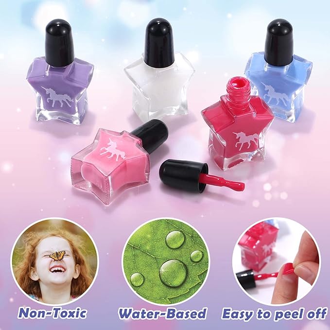 Golray Kids Nail Polish Set for Girls, All-in-One Nail Art Kit - Nail Dryer/ Nail Polish/ Glitter Powder/ False Nails/ Nail Decals/ Toe Separator/File, Age 3-12 Little Girl Gift Toys