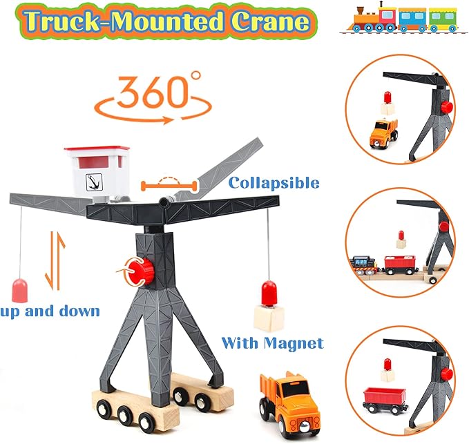 WOOD CITY Wooden Train Set, 56-Piece Deluxe Kids Toy Train Set for 2 3 4 5 Year Old Boy, Cargo-Themed Train Track with Tower Crane & Suspension Bridge - Fits Thomas Brio Chuggington Melissa Orbrium