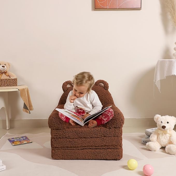 Foldable Kids Sofa, Sherpa Teddy Bear Toddler Couch with Tri Folding Foam Cushions, Comfy Kids Couch for Kids Age 18 Months and Up
