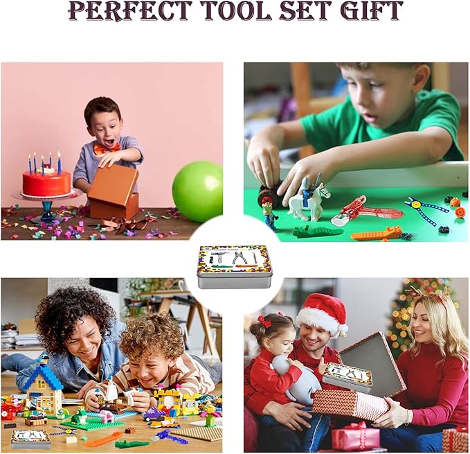 Building Blocks Tool Kit Brick Separator Tools Compatible with Lego &Technic Mini Blocks Tool Set Multi-Functional Hammer Pliers Tweezers Finger Protectors with Tin Box (Blue)