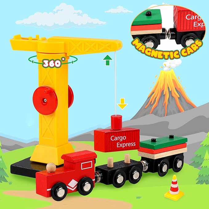 Wooden Train Set for Toddlers & Kids, 72Pcs Wooden Train Track with Crane, Expandable Toys Train Set for 3 4 5 6 7 Years Old Boys & Girls Christmas Birthday Gifts - Fits All Major Brands Railway Set