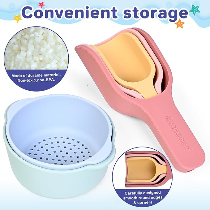 Madzee 7 Pieces Fine Motor Skill Toys for Children, 3 Silicone Scoops, 2 Nesting Bowls, 1 Tweezer, 1 Scooper - Sensory Bin Accessories