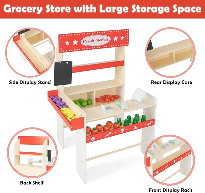INFANS Grocery Store Marketplace Toy, Wooden Market Stand Pretend Play Set with Chalkboard Cash Register 36 Fruit Veggies Pieces POS Machine Shop Playset Gift for Boys Girls Ages 3+