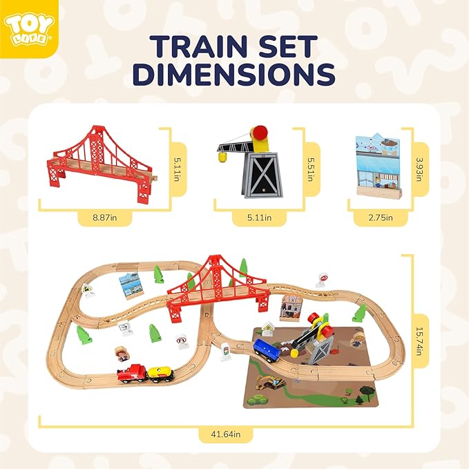 TOY Life Train Set 80pcs Wooden Train Set with Crane, Wooden Train Tracks Toy Train Set for Toddlers 3 4 5, Wooden Toys Toddler Train Set Gift for Kids 4-8, Fits Thomas Brio Melisa Train Track Set
