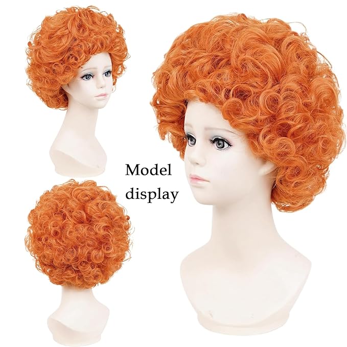 Probeauty Short Curly Orange Wig for Kids, Reddish Afro Wig with Heart Necklace for Child Halloween Costume Party