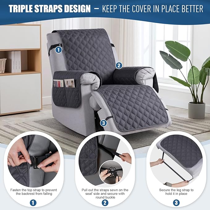 TAOCOCO 100% Waterproof Recliner Covers, Recliner Sofa Covers with Leg Straps, Reversible Recliner Couch Cover for Reclining Chair, Washable Couch Protector for Pets Kids(1 Seater 28", Charcoal Gray)