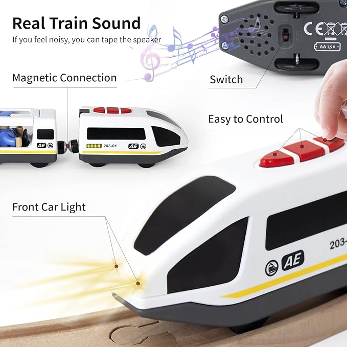 WOOD CITY Battery Operated Train for Wooden Train Track, Electric Locomotive Train Set with Powerful Engine Compatible with Thomas, Brio, Chuggington, Bullet Train Toys for Toddlers 3 4 5 Year Olds