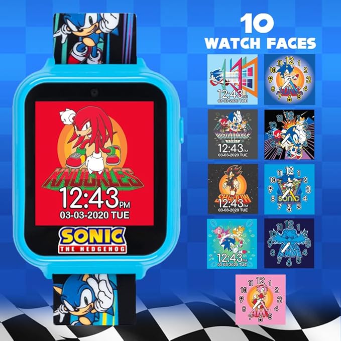 Accutime Kids SEGA Sonic The Hedgehog Blue Educational Touchscreen Smart Watch Toy for Boys, Girls, Toddlers - Selfie Cam, Learning Games, Alarm, Calculator, Pedometer (Model: SNC4141AZ)