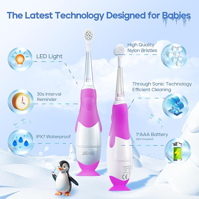 SEAGO Toddler Electric Toothbrushes for Baby Ages 0-3 Years, Baby Toothbrush with Smart Timer and Suction Base, 4 Replacement Brushheads (Purple-C)