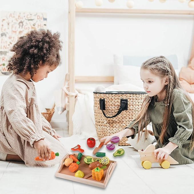 Wooden Toys Food for Kids Kitchen - Play Food Cutting Fruits and Vegetables Set for Pretend Role Play