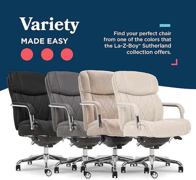 La-Z-Boy Sutherland Quilted Leather Executive Office Chair with Padded Arms, High Back Ergonomic Desk Chair with Lumbar Support, Cream Microfiber Fabric