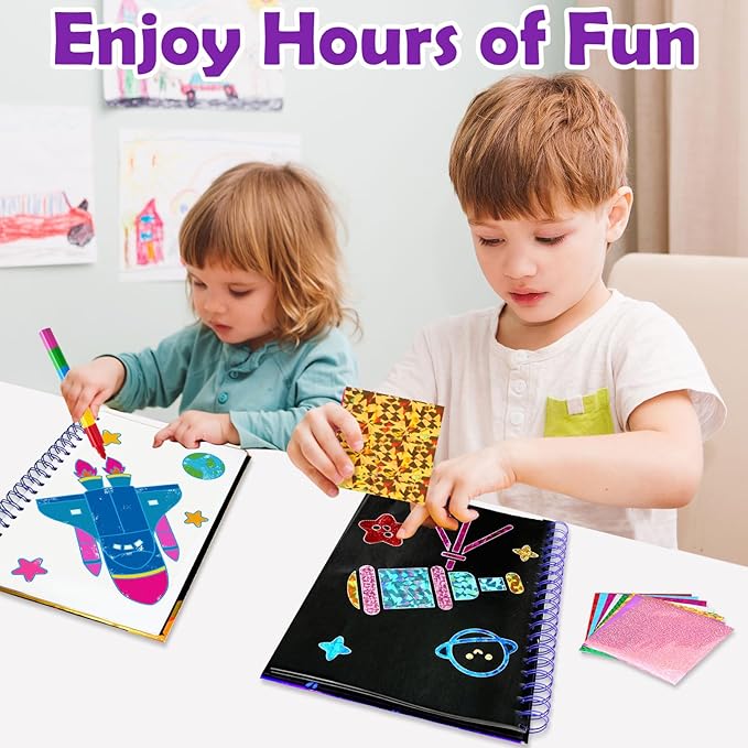 Foil Art Craft Activity for Kids: Fun DIY Toy Sticker Kit, No Mess Creative Travel Supply Set, Idea Birthday Easter Basket Stuffers Valentines Gift for Girl Boy Toddler 4 5 6 7 8 9 Year Old（Space）