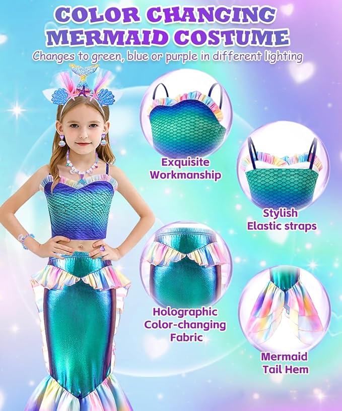 Mermaid Costume Dress, Mermaid Princess Dress for Girls with Wig Headband Necklace for Birthday Party Cosplay