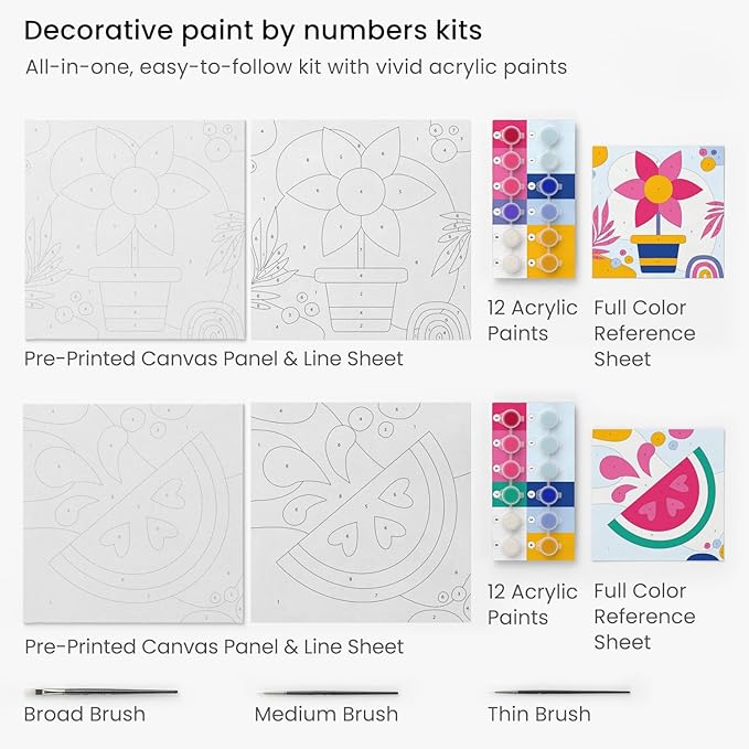 Arteza Kids Paint by Numbers Kit, 10 x 10 Inches, Decorative Pre-Printed Canvas Painting Kit with 2 Canvases, 24 Acrylic Paint Pots, 3 Paintbrushes