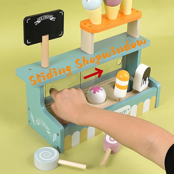 Wooden Ice Cream Toy Play Set, Ice Cream Truck Shop Stand Toys for Toddlers, Montessori Play Kitchen Accessories Wooden Food Set for Kids, Pretend Play for Toddlers