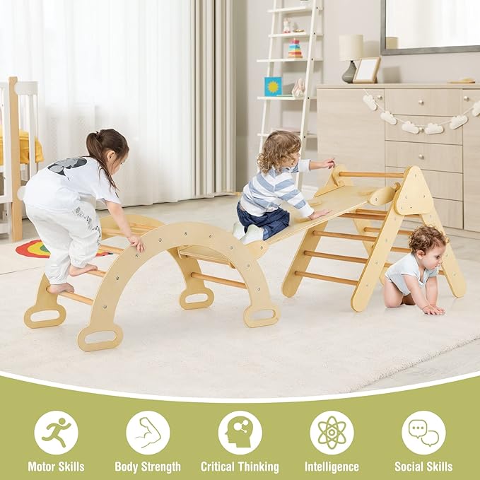 Costzon Climbing Toys for Toddlers, 5 in 1 Foldable Montessori Wooden Arch Climber Ladder with Sliding Ramp, Multi-Combination Methods, Kids Triangle Climber Play Gym Set for Boys Girls Present