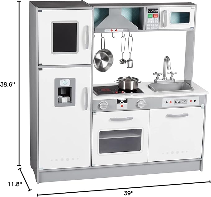 Amazon Basics Kids Upright Wooden Kitchen Toy Playset with Stove, Oven, Sink, Fridge and Accessories, for Toddlers, Preschoolers, Children Age 3+ Years, White & Gray, 39"L x 11.8"W x 39'H'