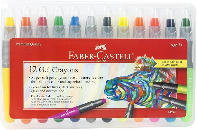 Faber-Castell Gel Crayons: 12 Jumbo Gel Crayons in Durable Storage Case: Toddler Art Supplies for Coloring and Kids Drawing, Twistable Crayons for Arts and Crafts for Kids Ages 3-4+